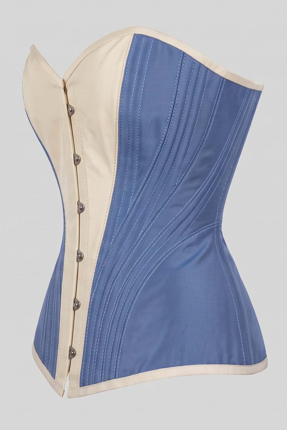 ASTER Overbust Waist-Training Corset in Wedgwood Blue &amp; Ivory Taffeta by Luxe Noir – side view