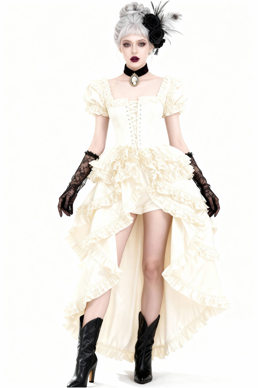 Shalaya Rococo Black Satin Frill Corset Dress - view 5 | LUXE NOIR