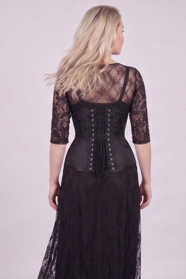 ORCHID Underbust Waist-Training Corset in Black Brocade on model - back view