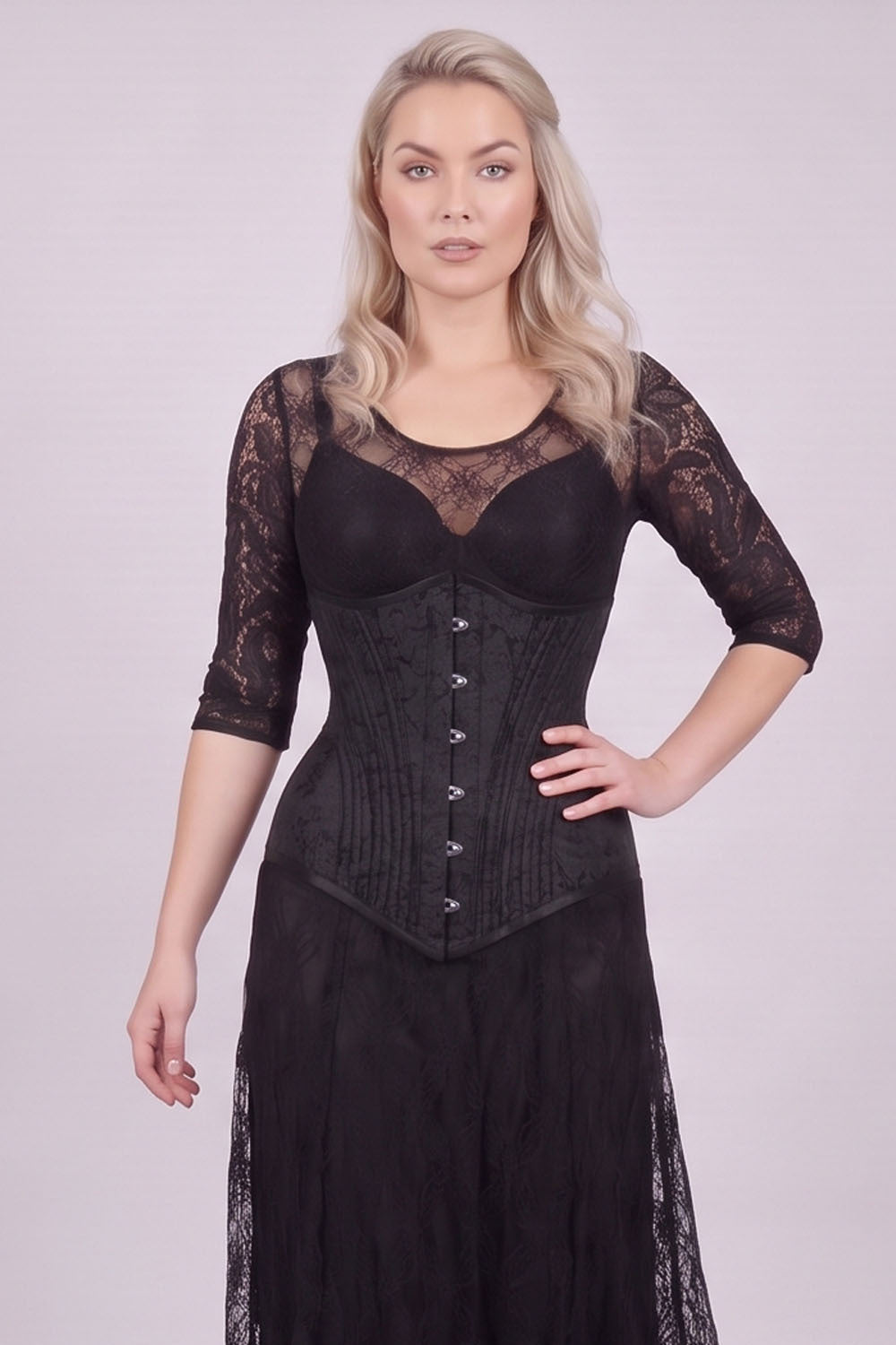 ORCHID Underbust Waist-Training Corset in Black Brocade on model - front view