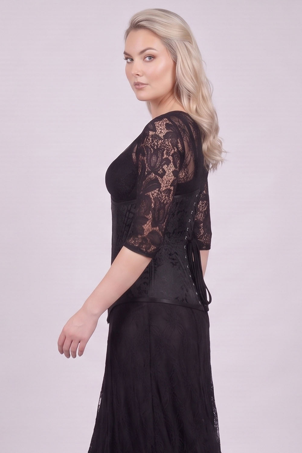 ORCHID Underbust Waist-Training Corset in Black Brocade on model - side view