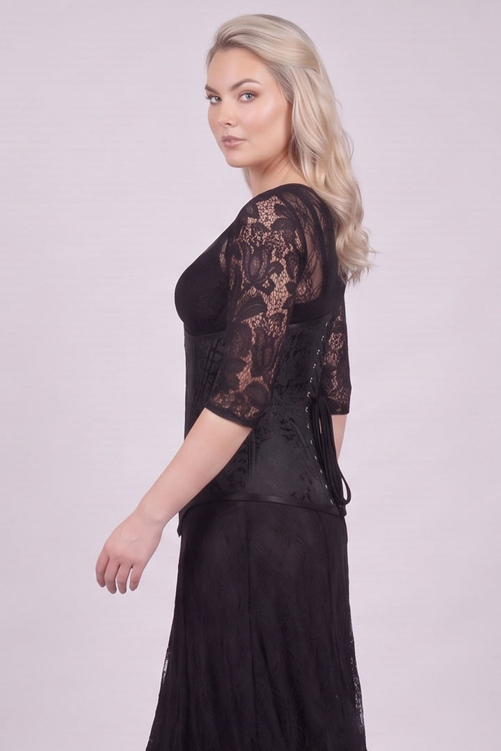 ORCHID Underbust Waist-Training Corset in Black Brocade on model - side view