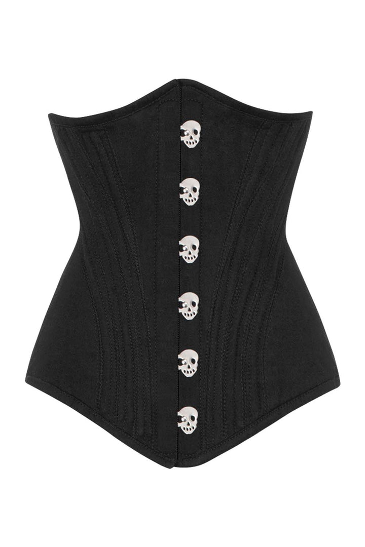 ORCHID skull busk underbust waist training corset in black cotton twill - front