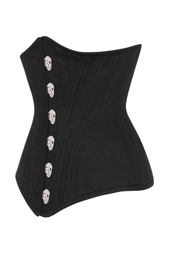 ORCHID skull busk underbust waist training corset in black cotton twill - side