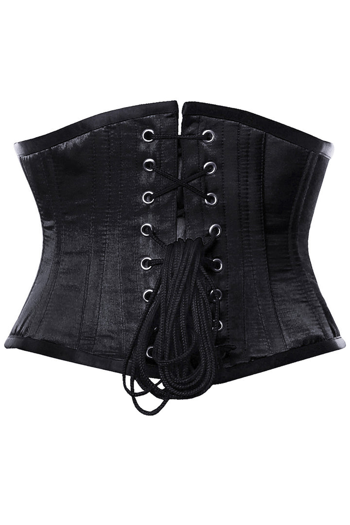 WASPIE skull busk underbust waspie corset in black satin - back