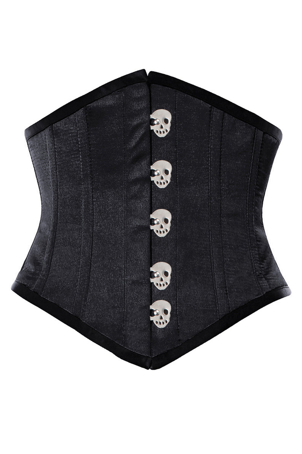 WASPIE skull busk underbust waspie corset in black satin - front