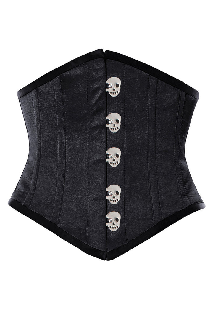 WASPIE skull busk underbust waspie corset in black satin - front