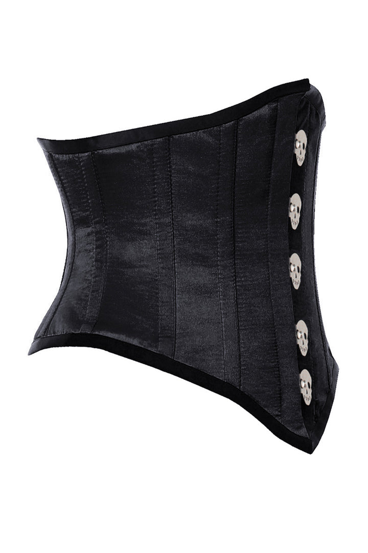 WASPIE skull busk underbust waspie corset in black satin - side