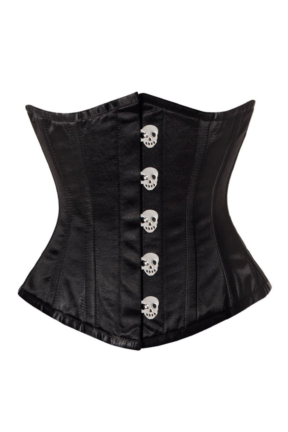 CANDY skull busk underbust corset in black satin - front