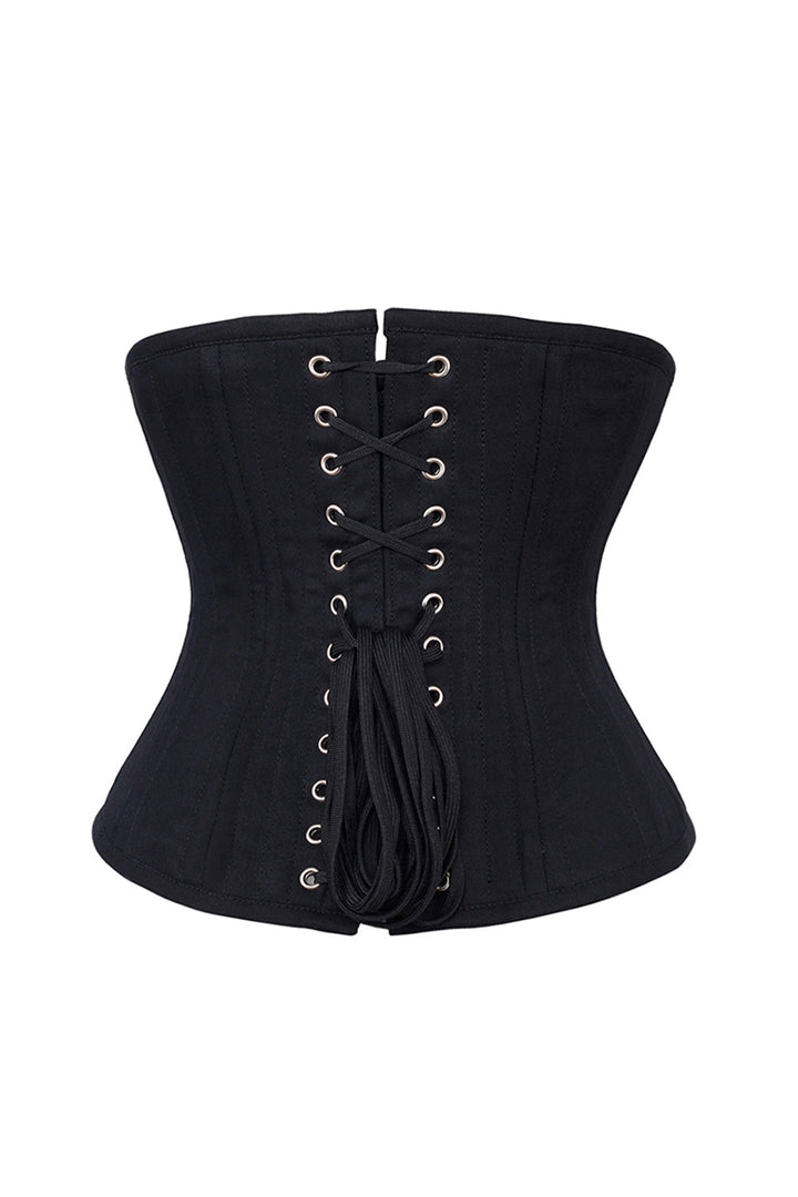 CANDY skull busk underbust corset in black cotton twill - back