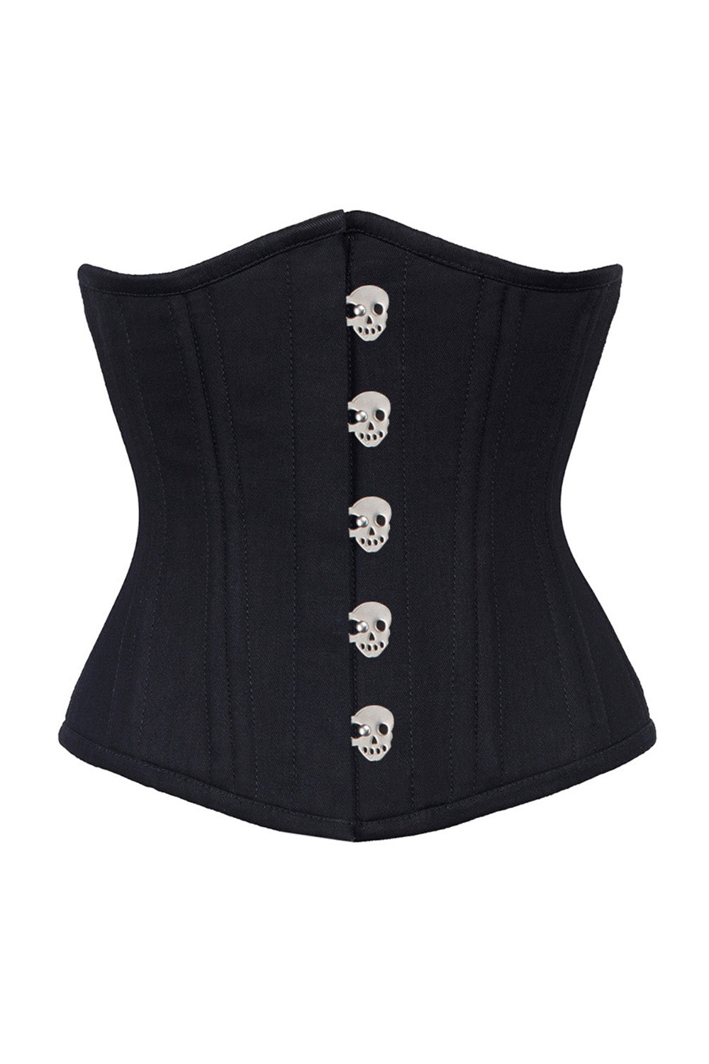CANDY skull busk underbust corset in black cotton twill - front