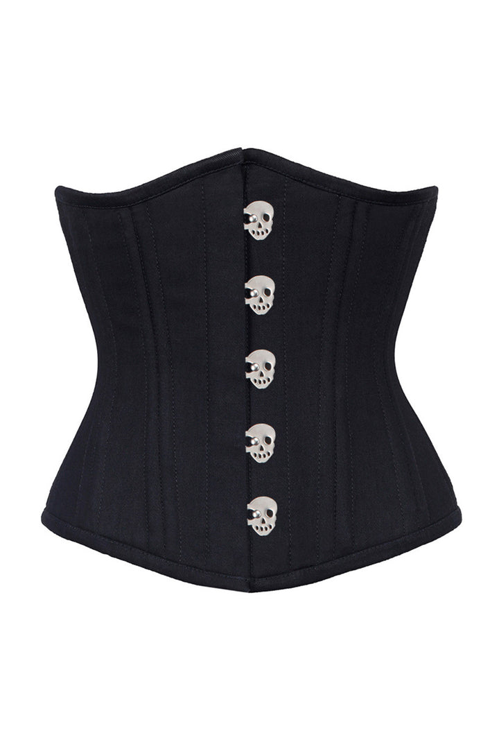 CANDY skull busk underbust corset in black cotton twill - front