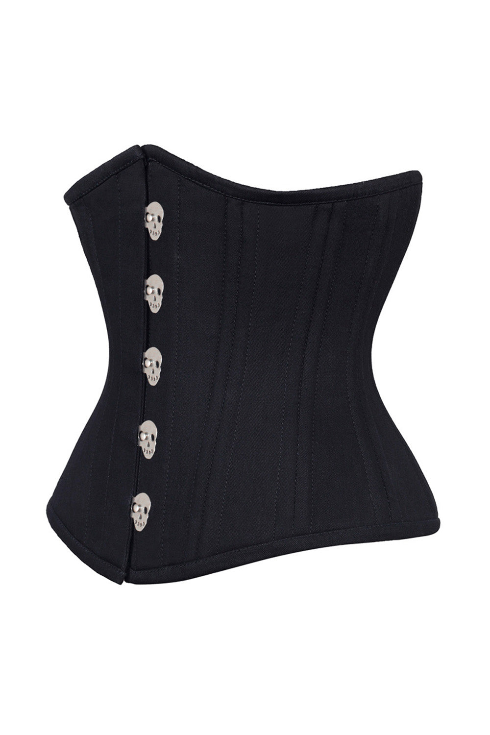 CANDY skull busk underbust corset in black cotton twill - side