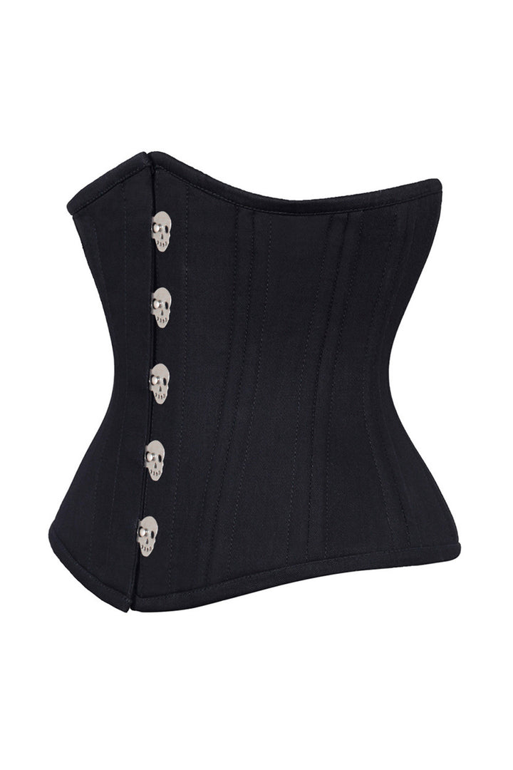 CANDY skull busk underbust corset in black cotton twill - side