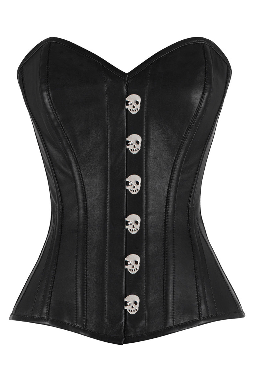 CAREL skull busk overbust corset in black faux leather - front