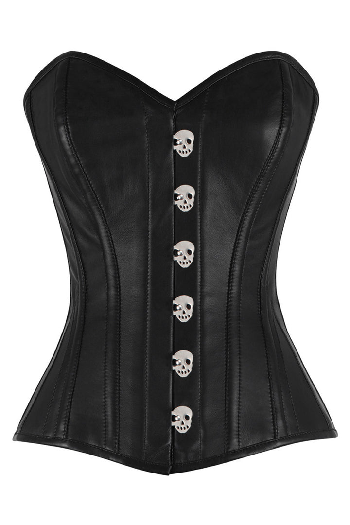 CAREL skull busk overbust corset in black faux leather - front