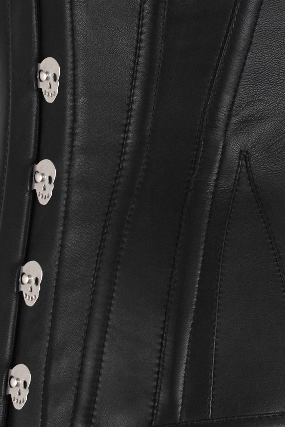 CAREL skull busk overbust corset in black faux leather - skull busk close-up