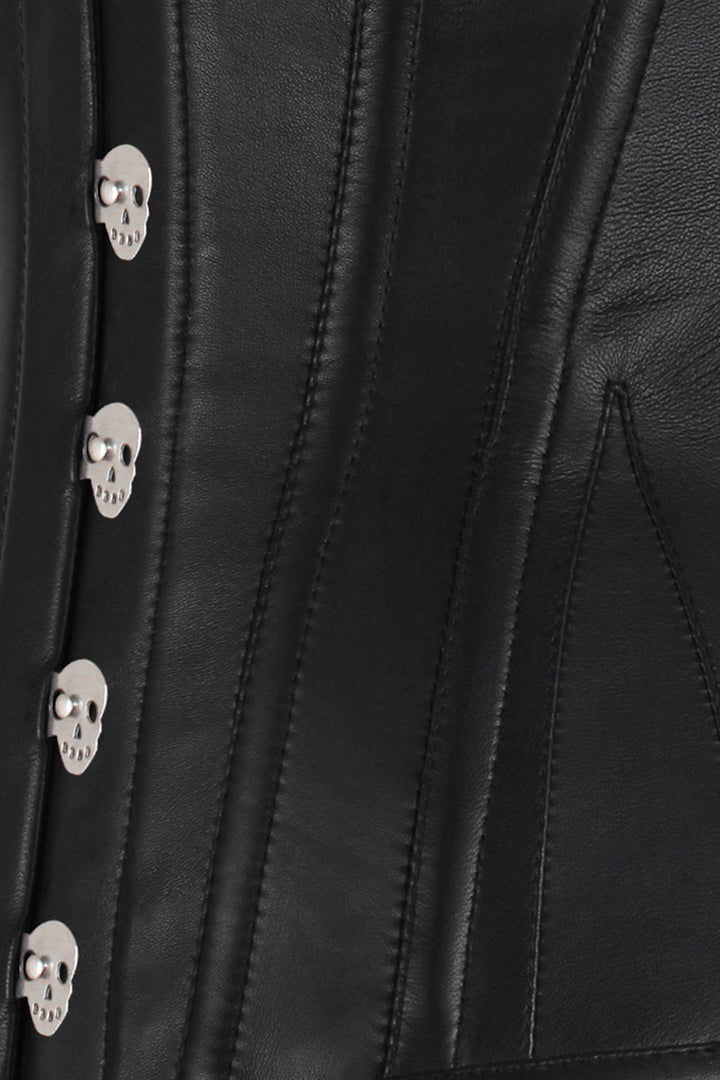 CAREL skull busk overbust corset in black faux leather - skull busk close-up