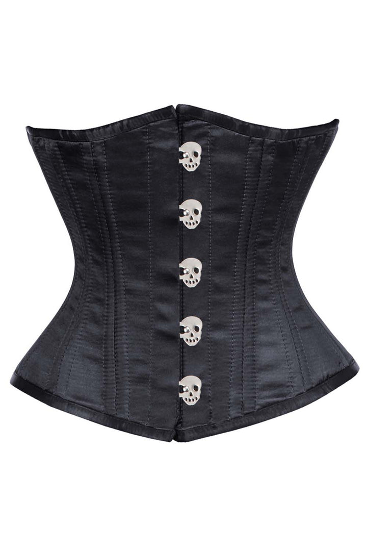 CANDY skull busk underbust waist training corset in black cotton twill - front