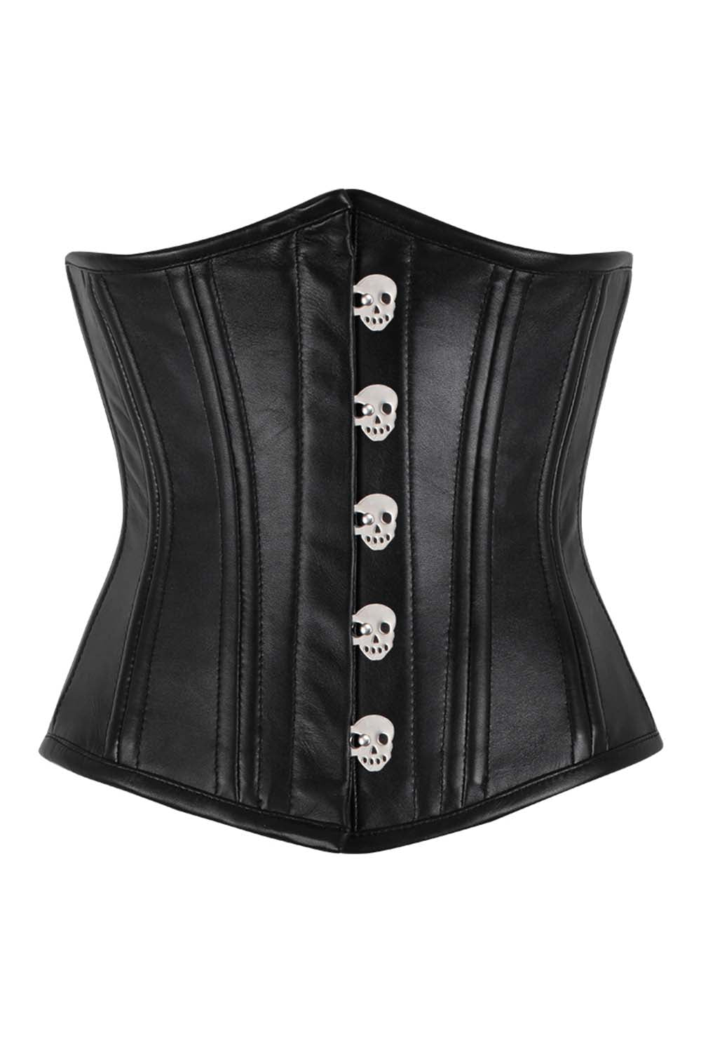 CANDY skull busk underbust waist training corset in black faux leather - front