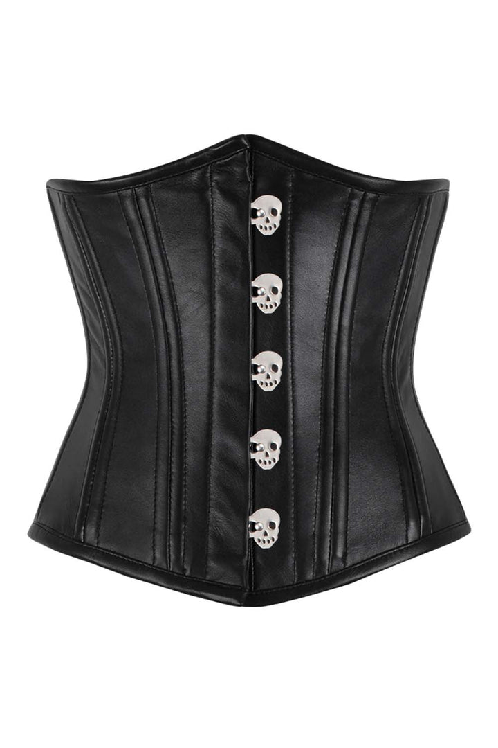 CANDY skull busk underbust waist training corset in black faux leather - front