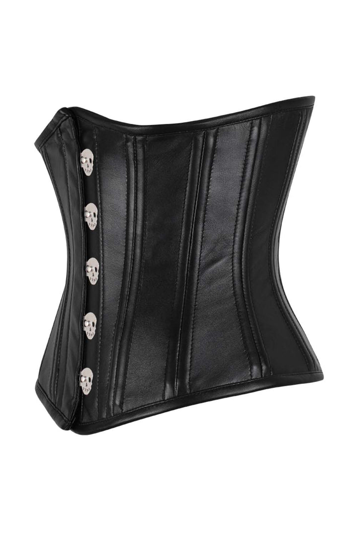 CANDY skull busk underbust waist training corset in black faux leather - side