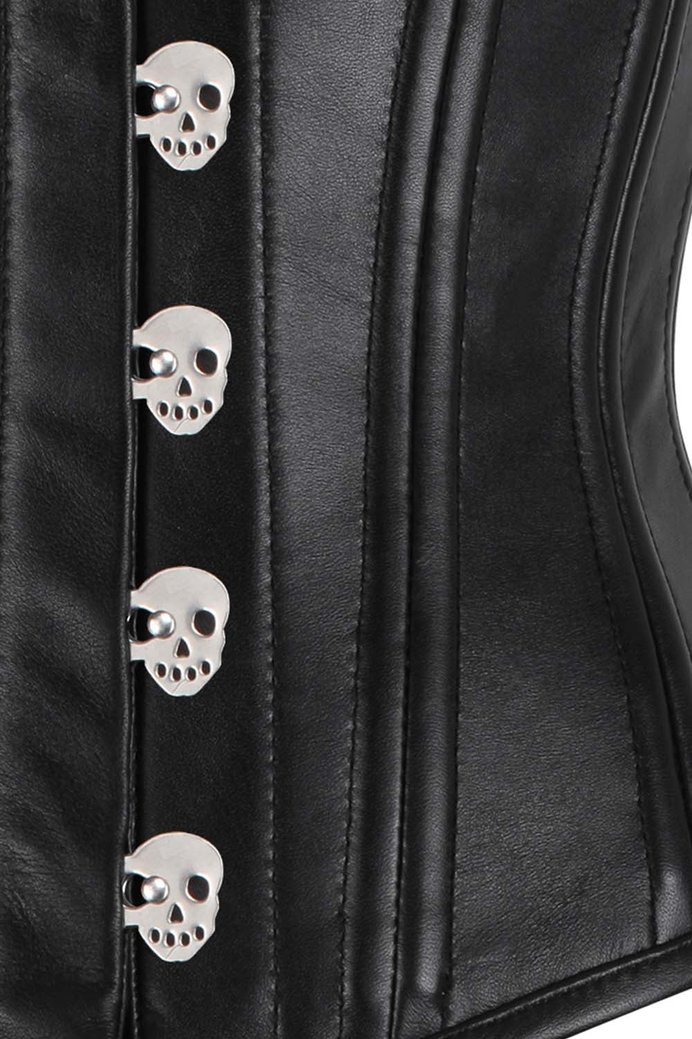 CANDY skull busk underbust waist training corset in black faux leather - skull busk close-up