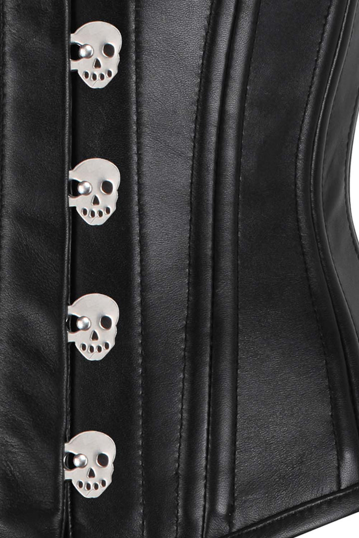 CANDY skull busk underbust waist training corset in black faux leather - skull busk close-up