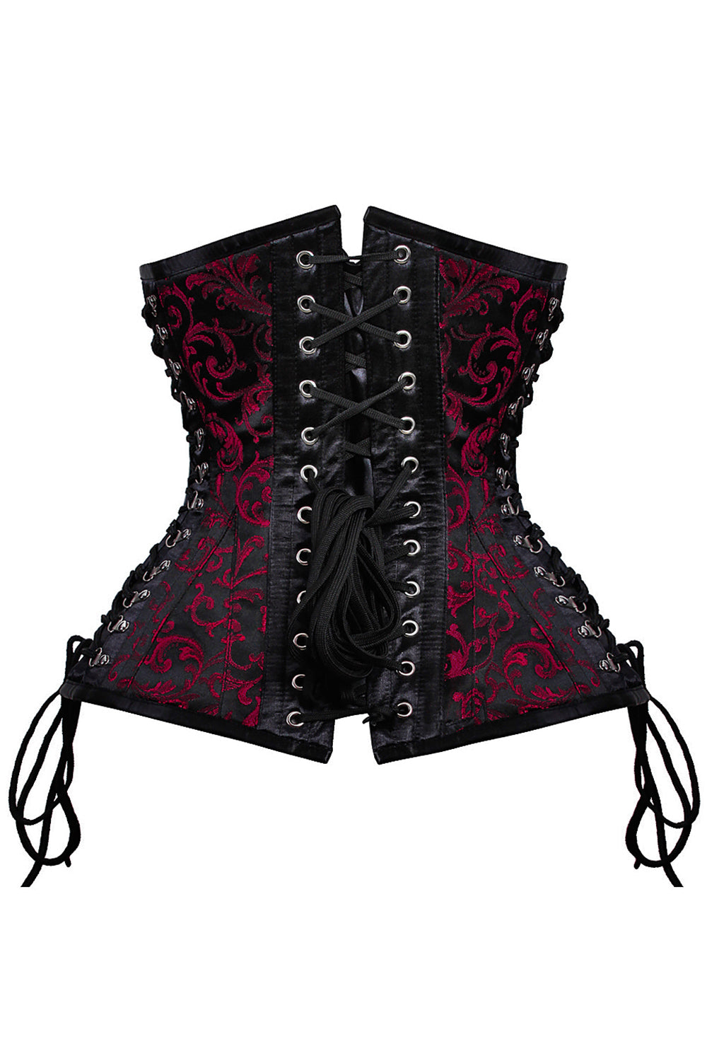 BELLA skull busk underbust corset in red &amp; black brocade with satin - back