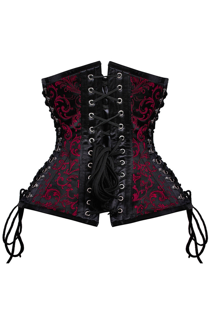 BELLA skull busk underbust corset in red &amp; black brocade with satin - back