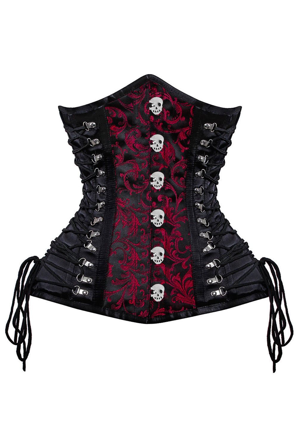 BELLA skull busk underbust corset in red &amp; black brocade with satin - front