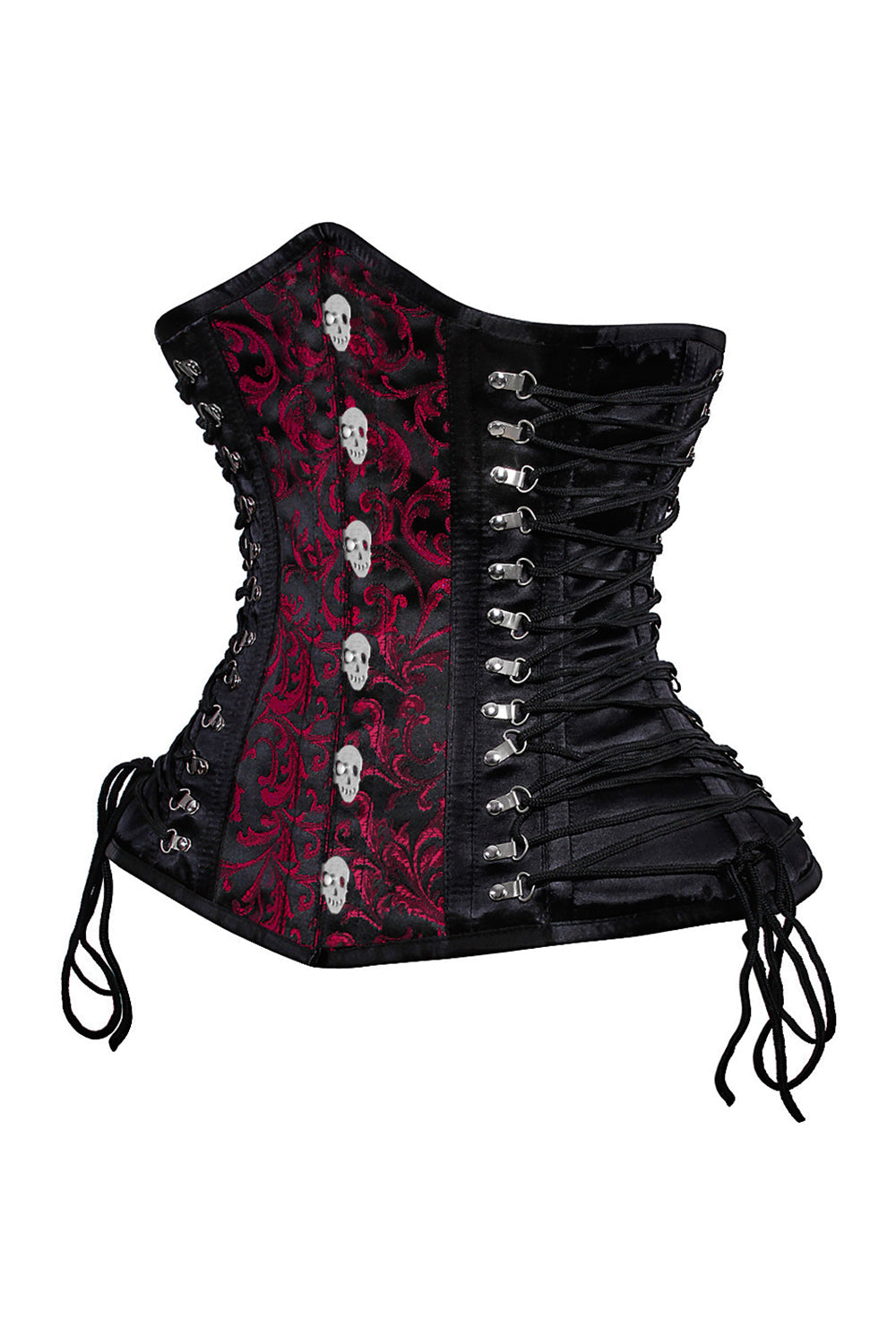 BELLA skull busk underbust corset in red & black brocade with satin - side