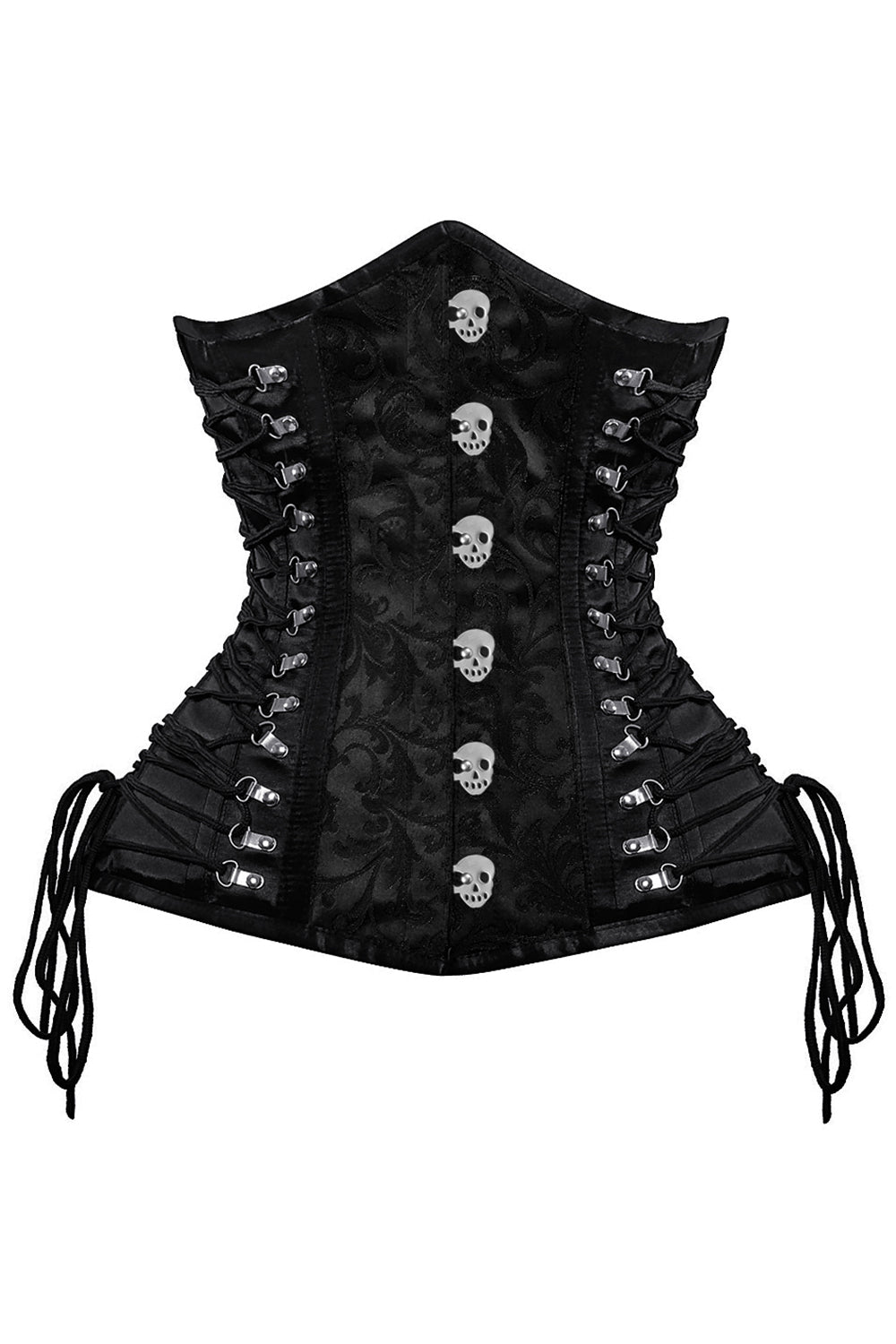 BELLA skull busk underbust corset in black brocade with satin - front