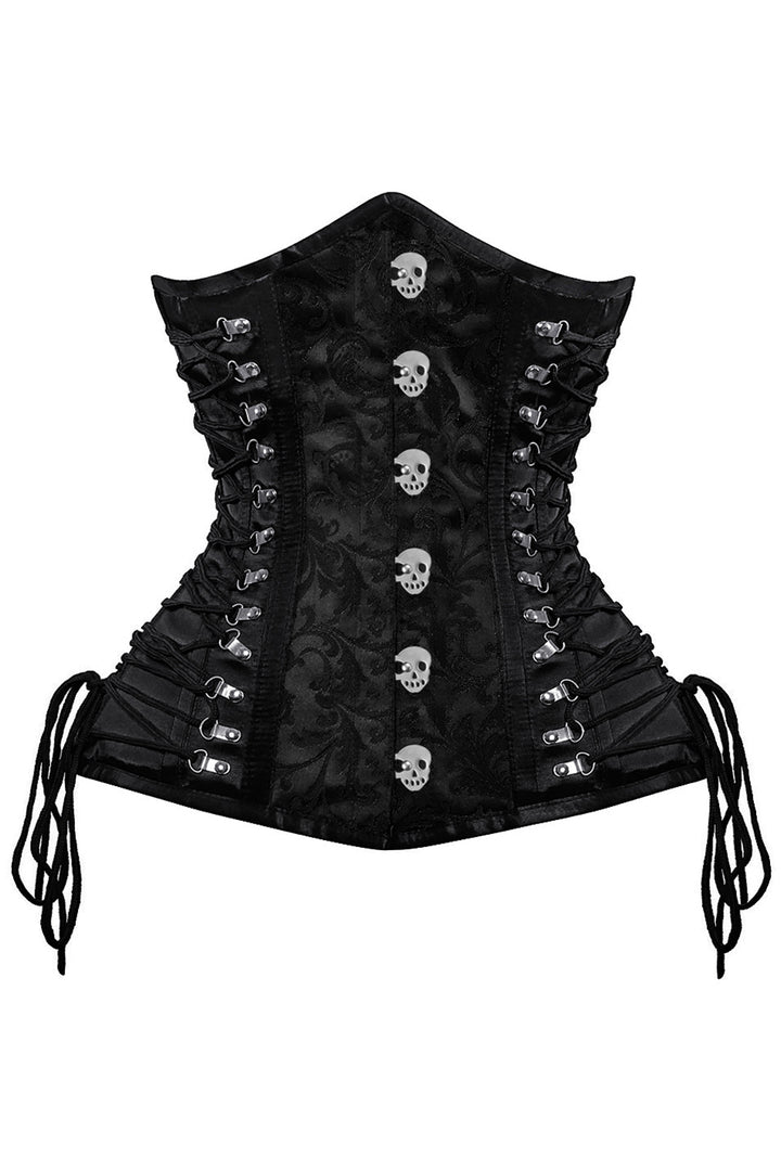BELLA skull busk underbust corset in black brocade with satin - front
