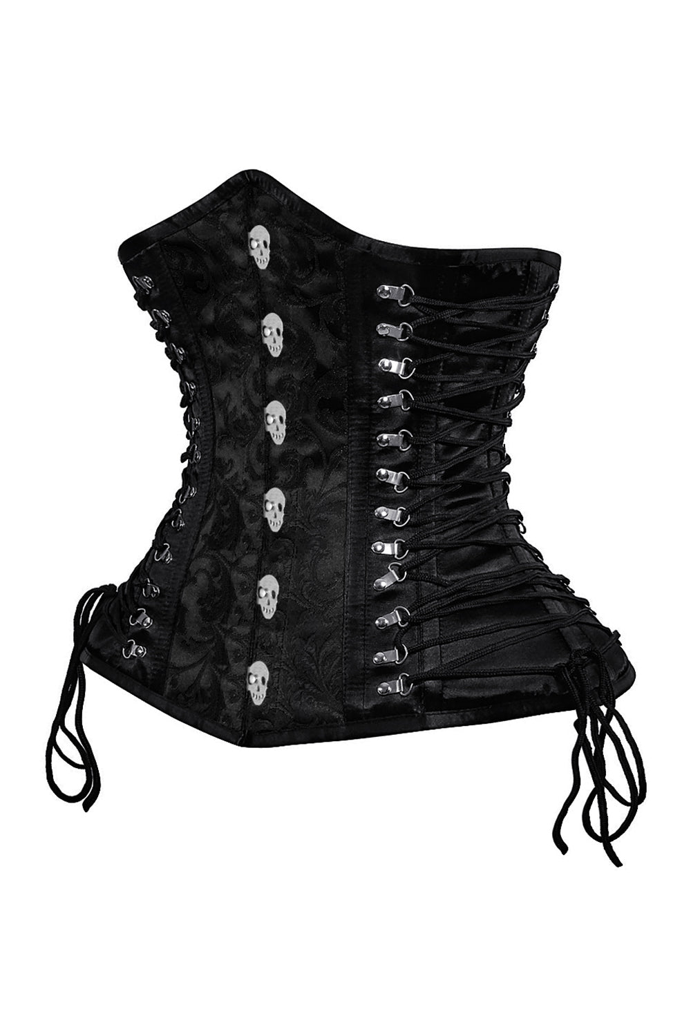 BELLA skull busk underbust corset in black brocade with satin - side