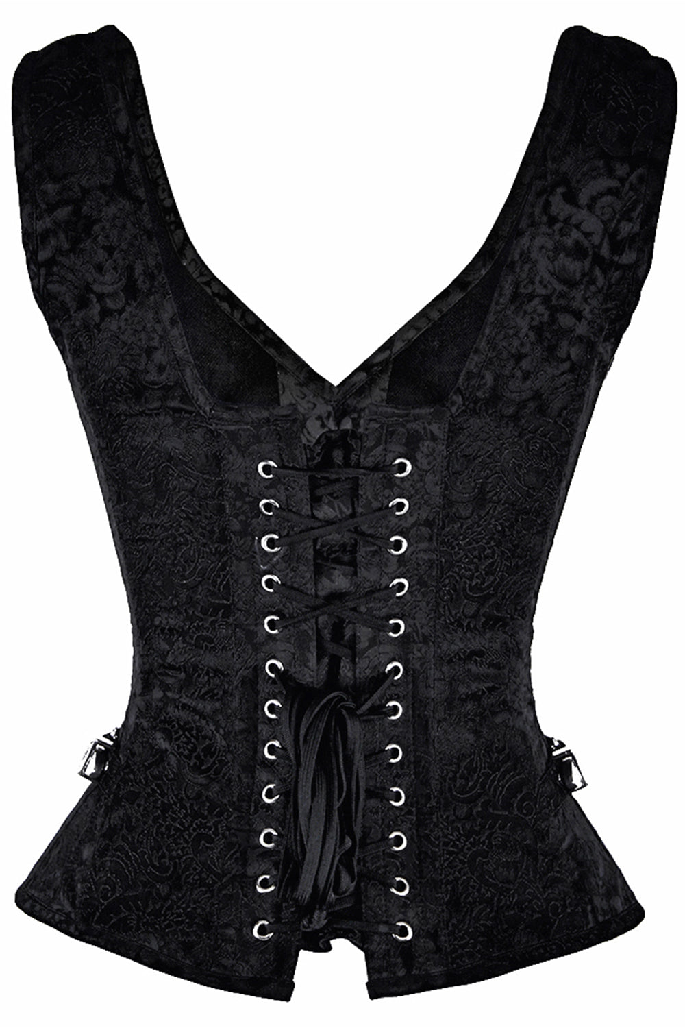 LIANNA skull busk overbust corset in black brocade - back