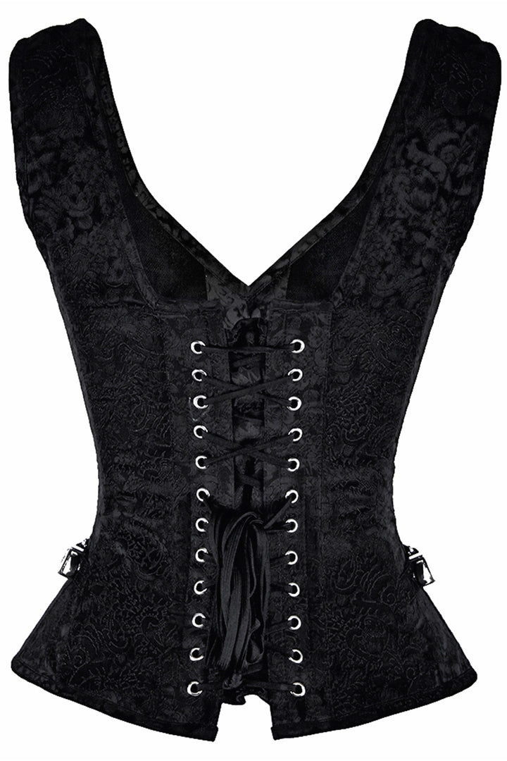 LIANNA skull busk overbust corset in black brocade - back