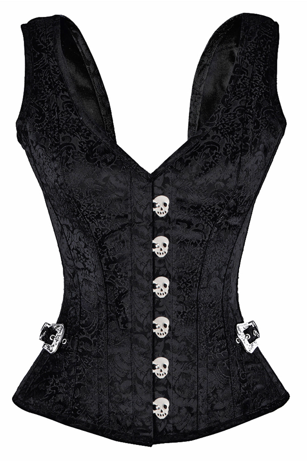 LIANNA skull busk overbust corset in black brocade - front