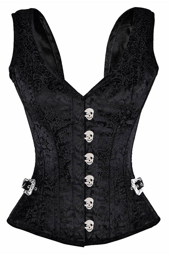 LIANNA skull busk overbust corset in black brocade - front