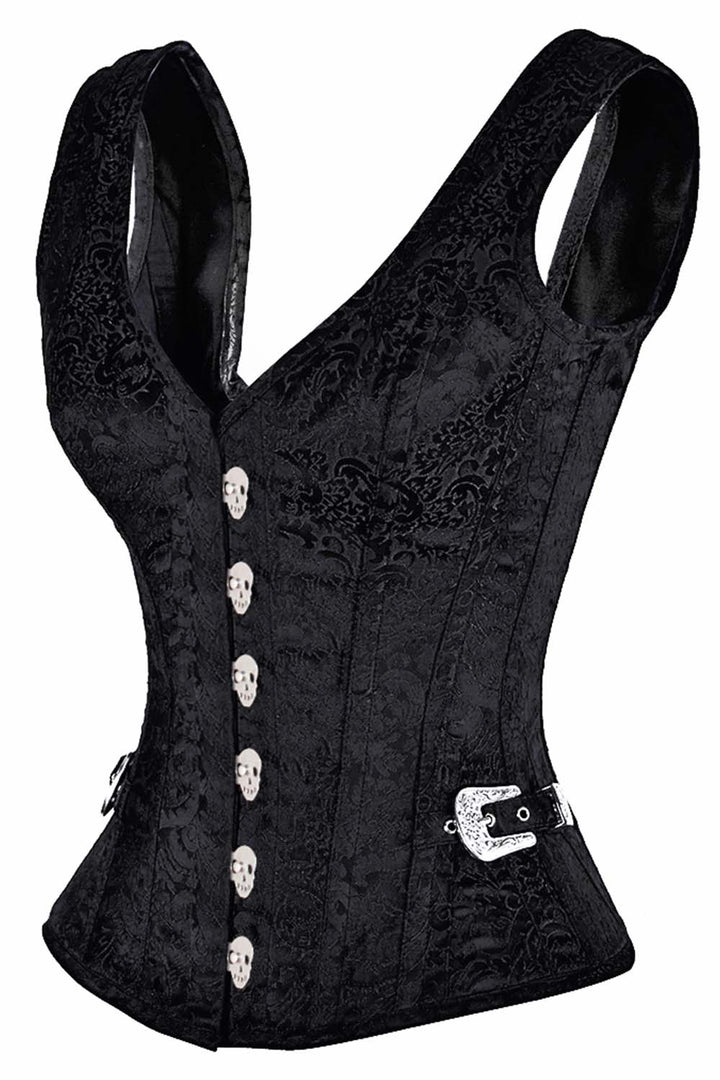 LIANNA skull busk overbust corset in black brocade - side