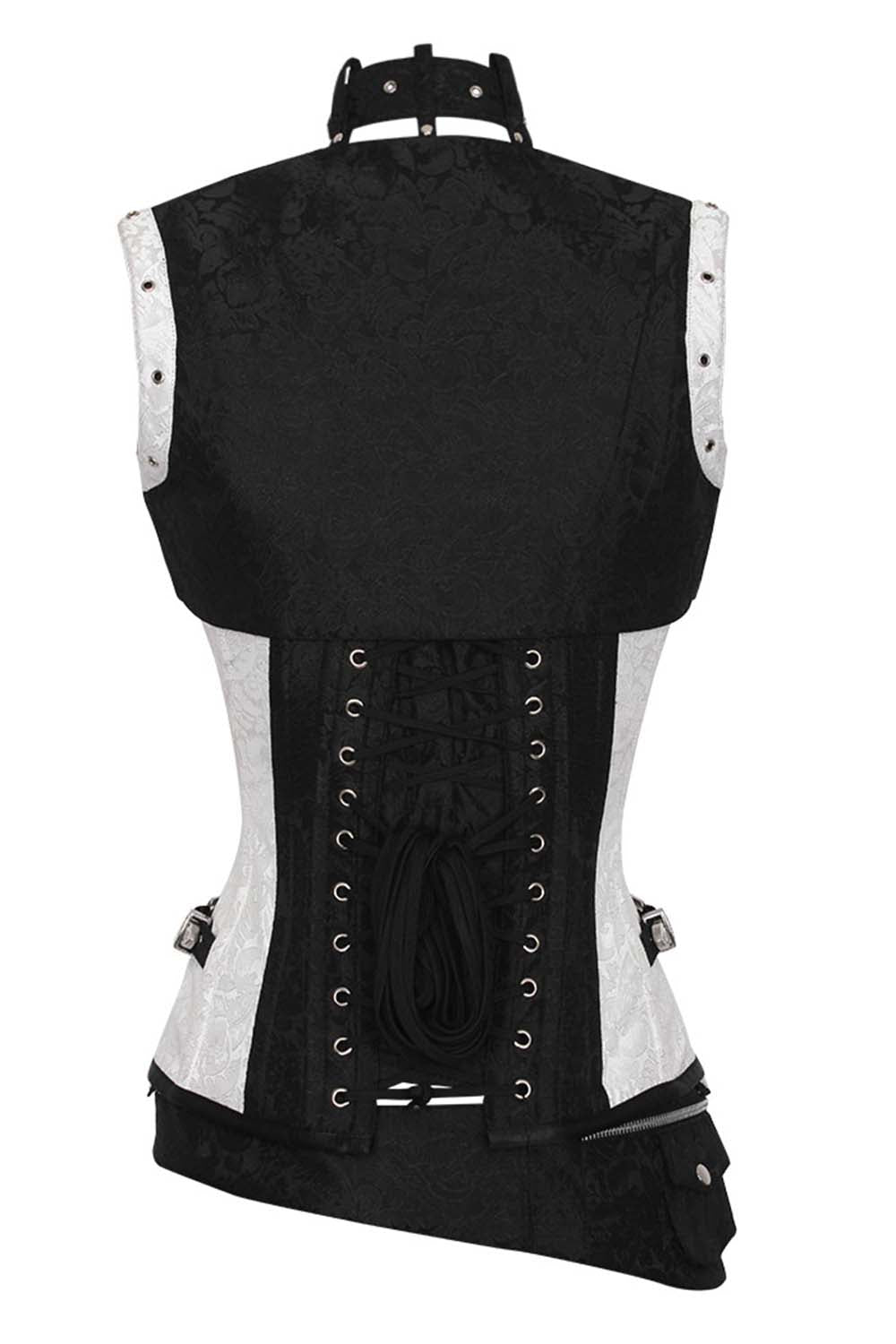 SELENE skull busk overbust corset in white &amp; black brocade - back