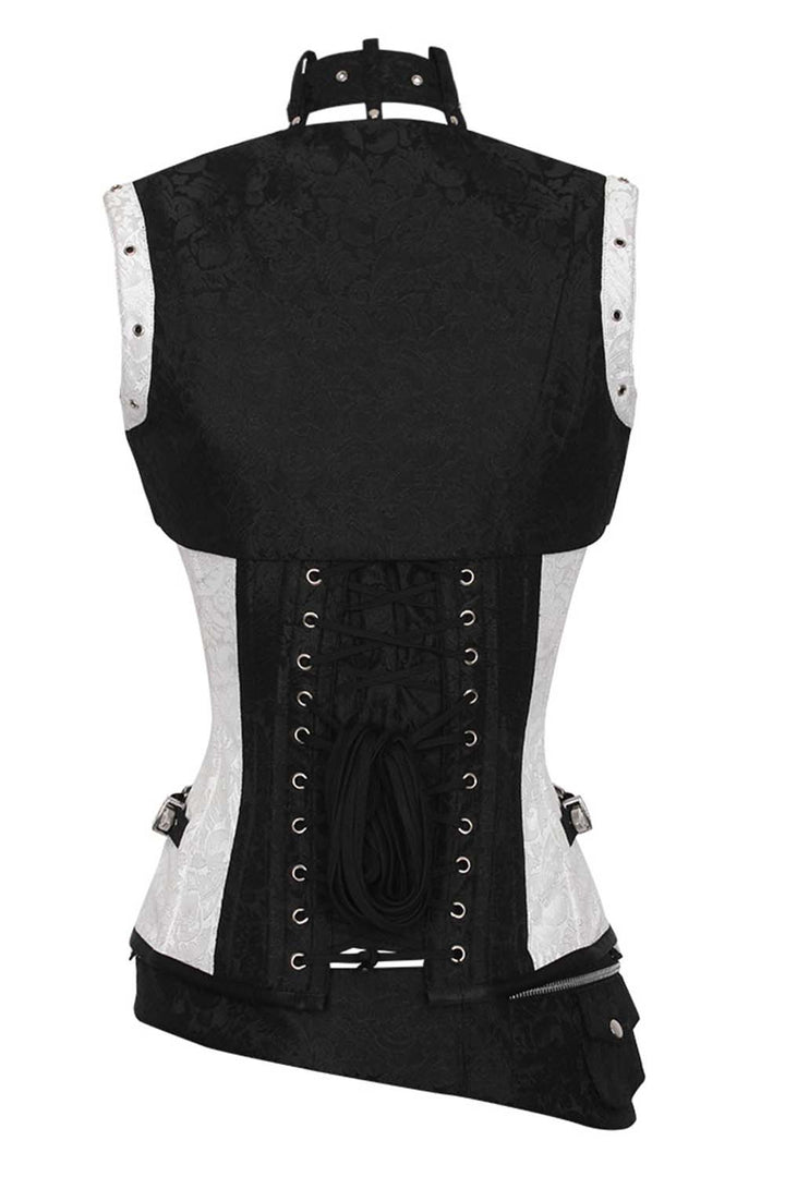 SELENE skull busk overbust corset in white &amp; black brocade - back