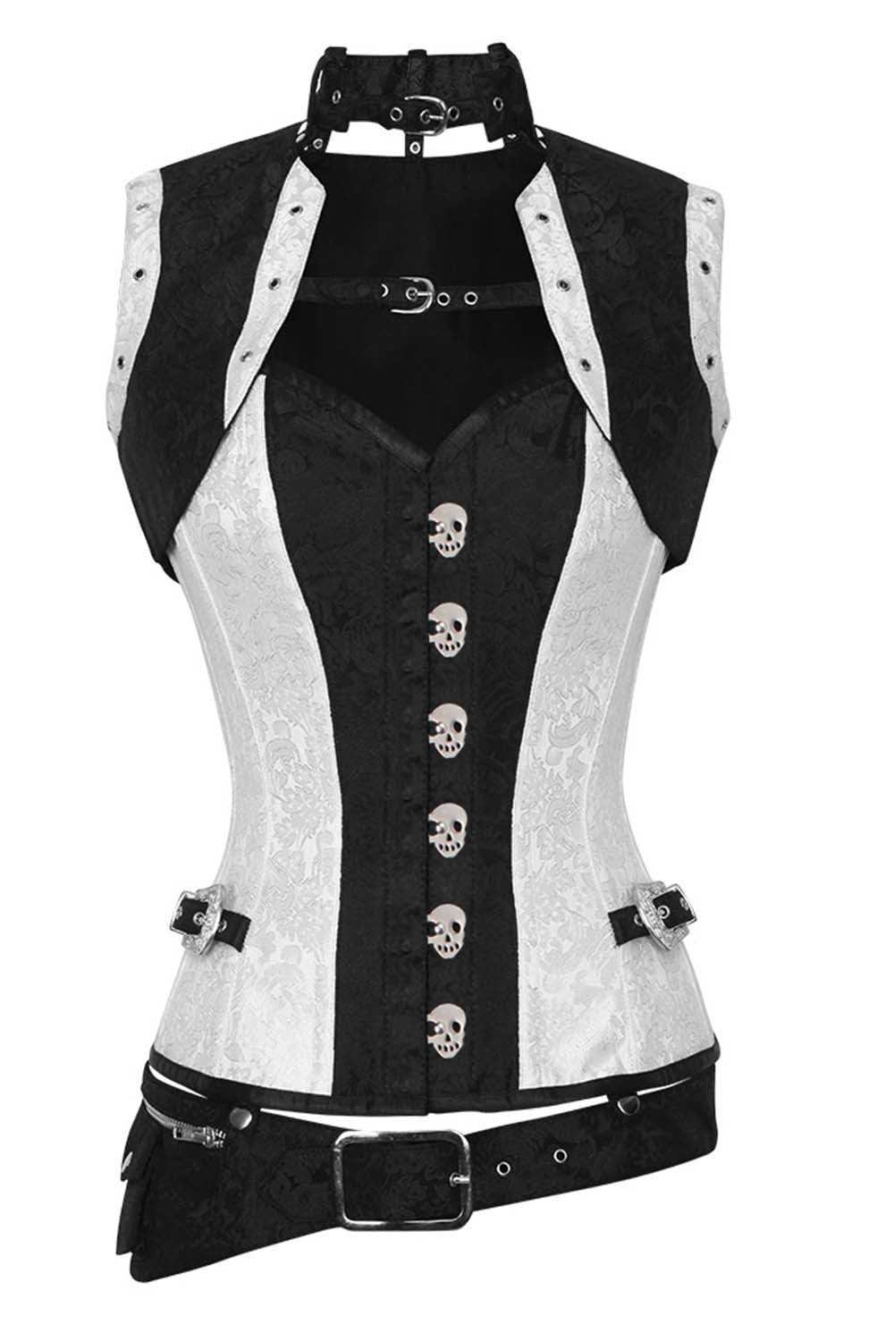 SELENE skull busk overbust corset in white &amp; black brocade - front