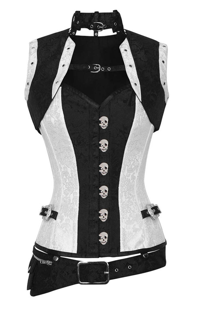 SELENE skull busk overbust corset in white &amp; black brocade - front
