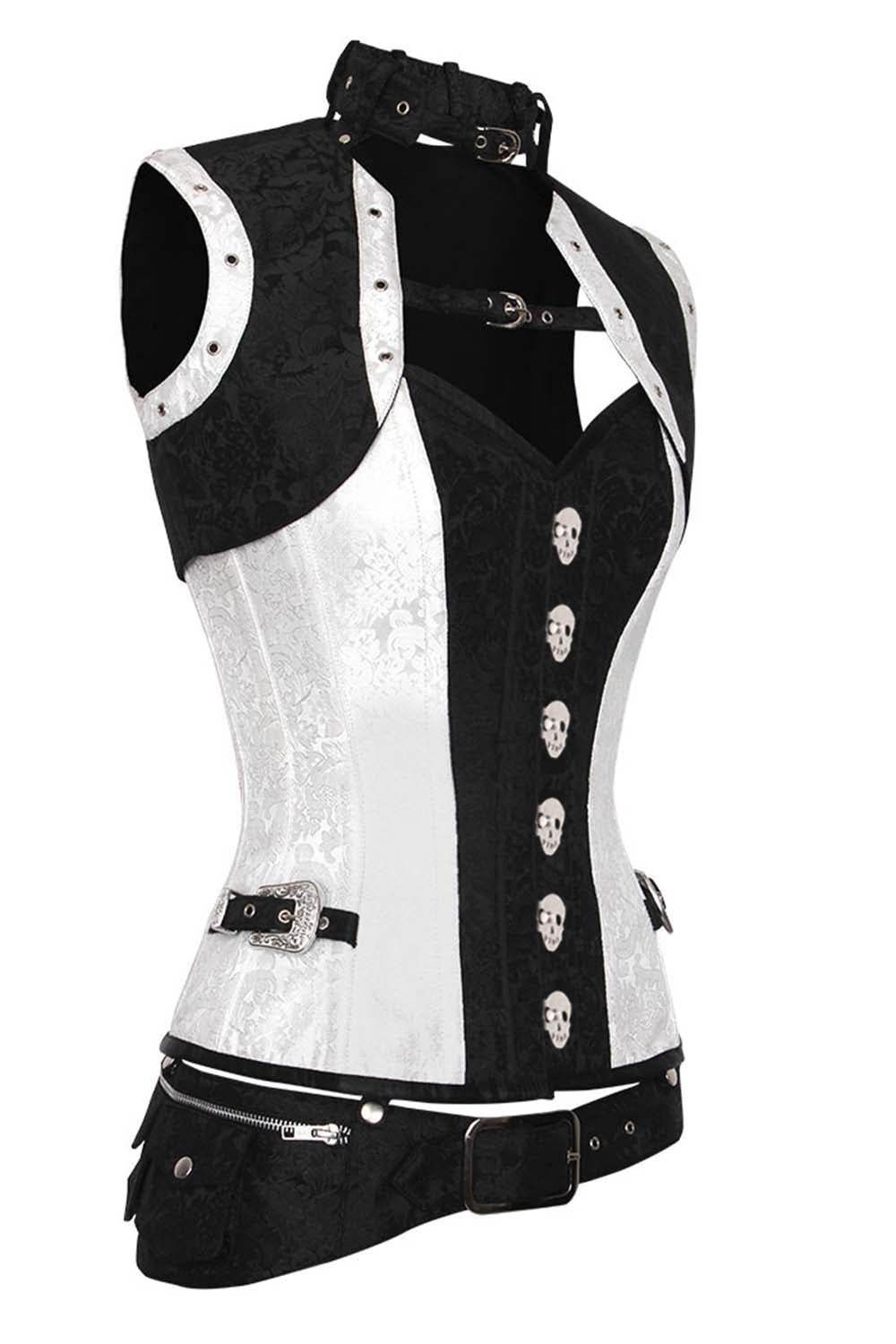 SELENE skull busk overbust corset in white & black brocade - side