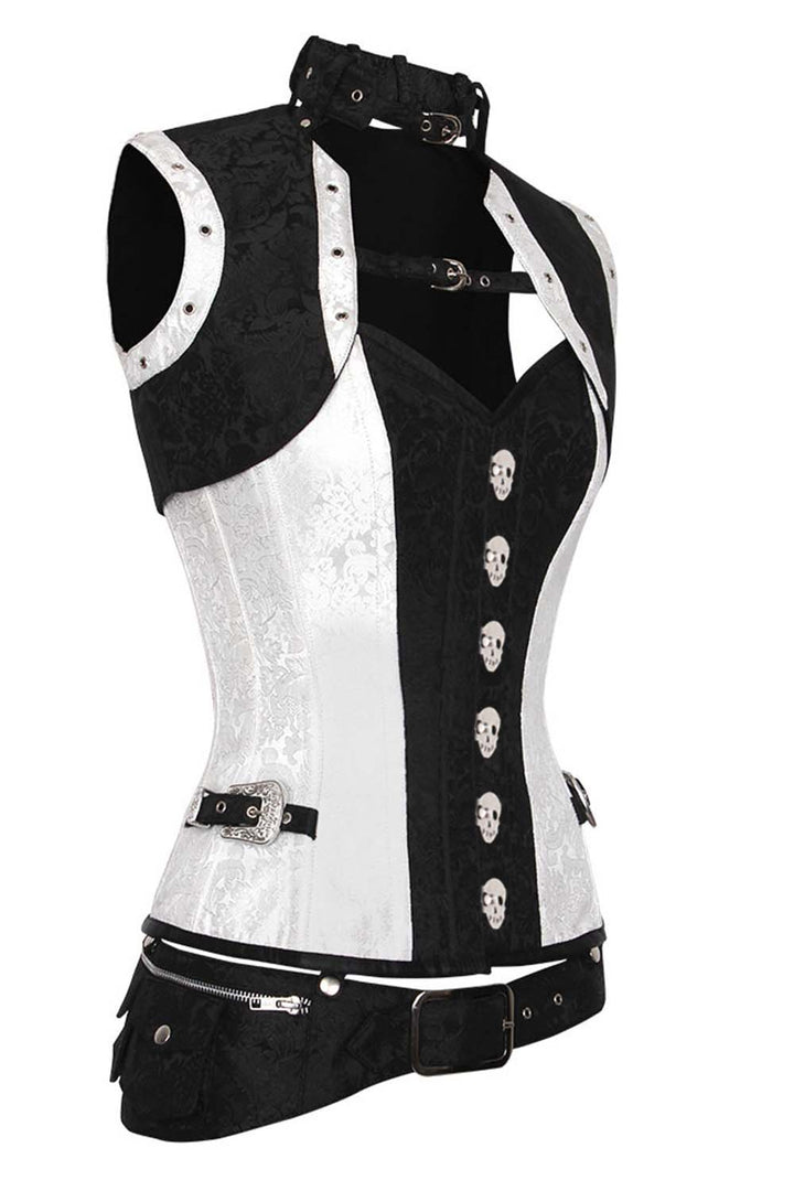 SELENE skull busk overbust corset in white &amp; black brocade - side