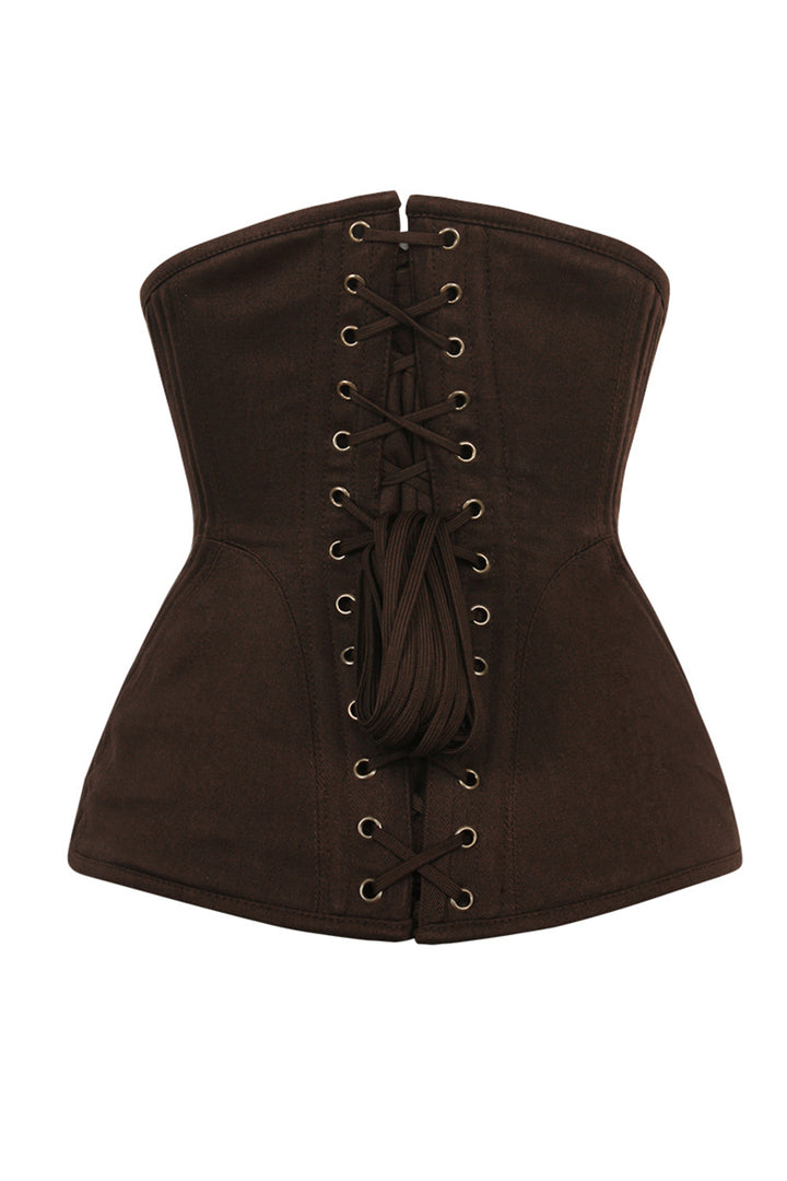 ORCHID skull busk underbust waist training corset in brown cotton twill - back