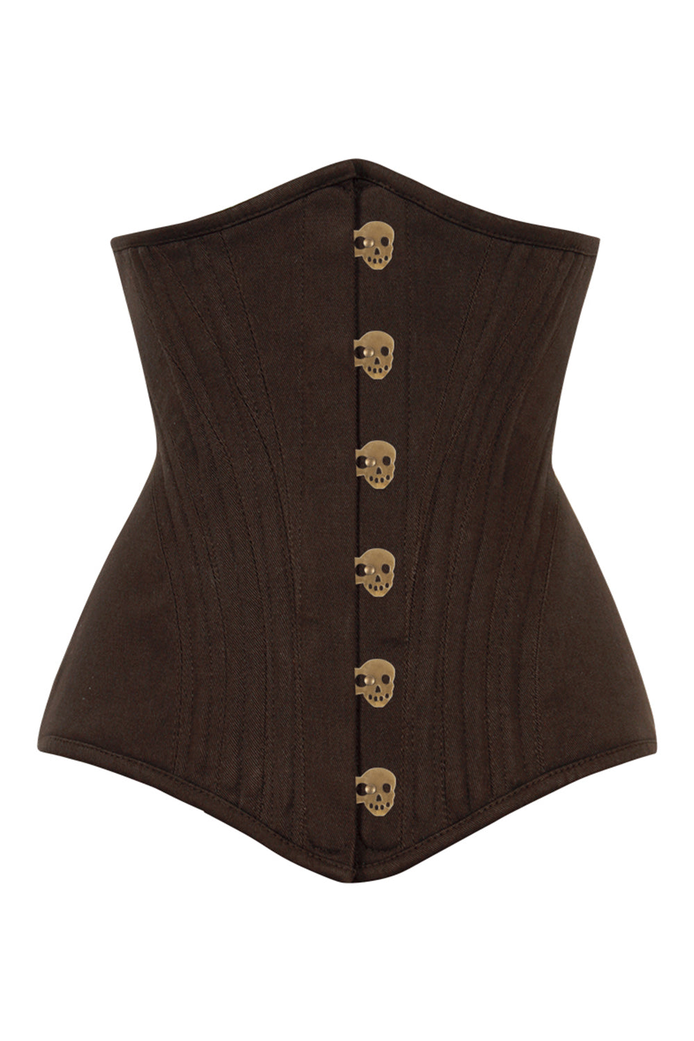 ORCHID skull busk underbust waist training corset in brown cotton twill - front