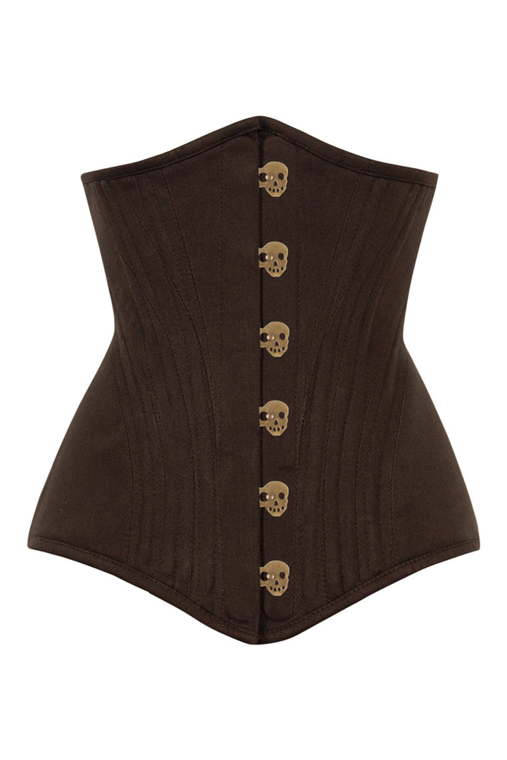 ORCHID skull busk underbust waist training corset in brown cotton twill - front