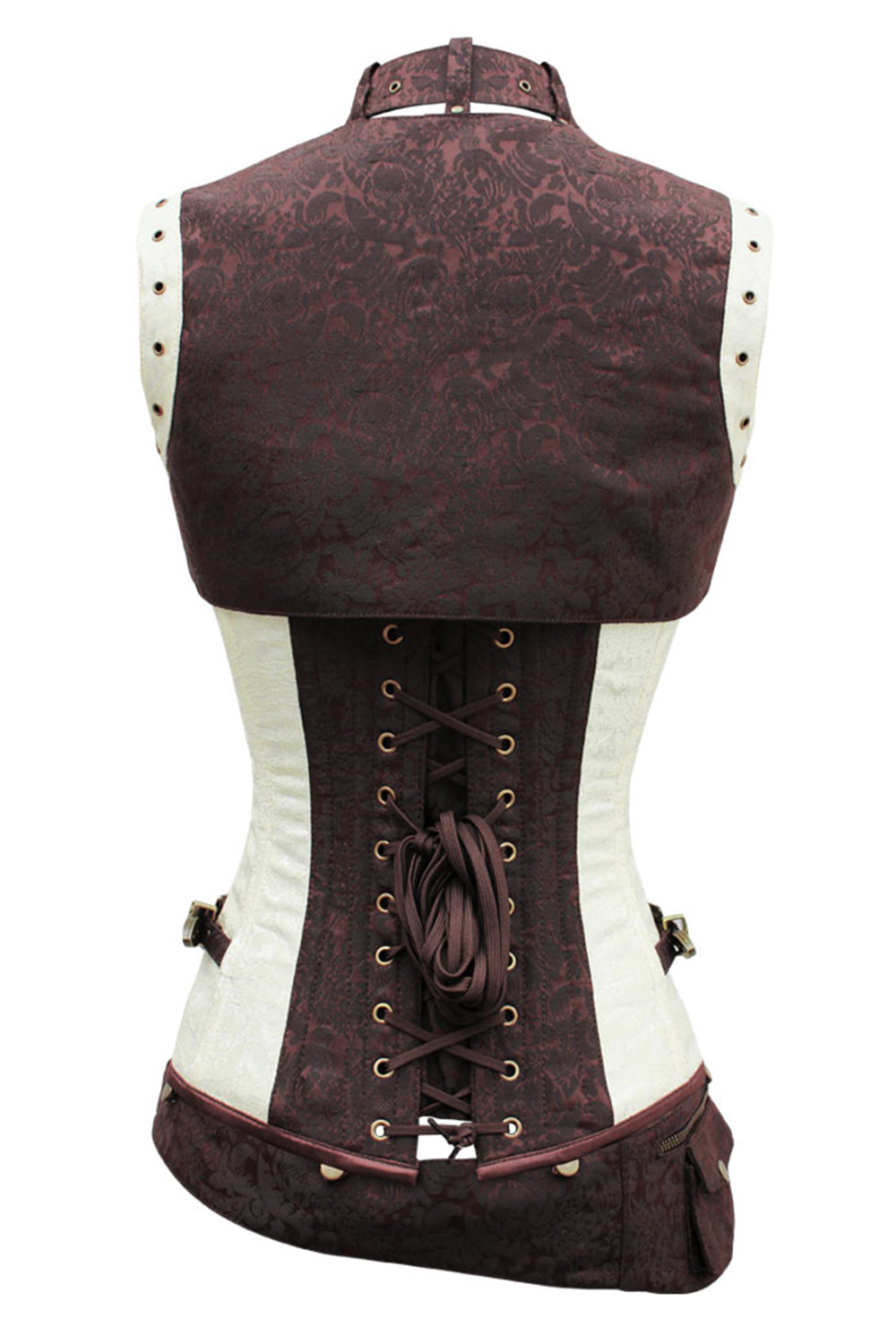 SELENE skull busk overbust corset in ivory &amp; brown brocade - back